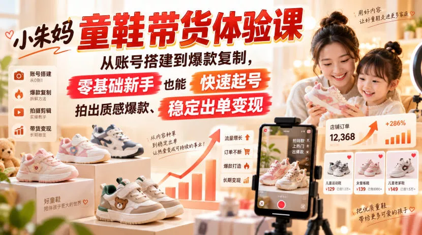 小朱妈童鞋带货体验课，从账号搭建到爆款复制，零基础新手也能快速起号、拍出质感爆款、稳定出单变现网创项目-知识付费-在线课程-自媒体创业-网络副业-优利资源优利资源网
