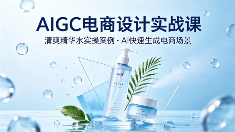 AIGC电商设计实战课，以清爽精华水为实操案例，教你用AI快速生成电商场景网创项目-知识付费-在线课程-自媒体创业-网络副业-优利资源优利资源网