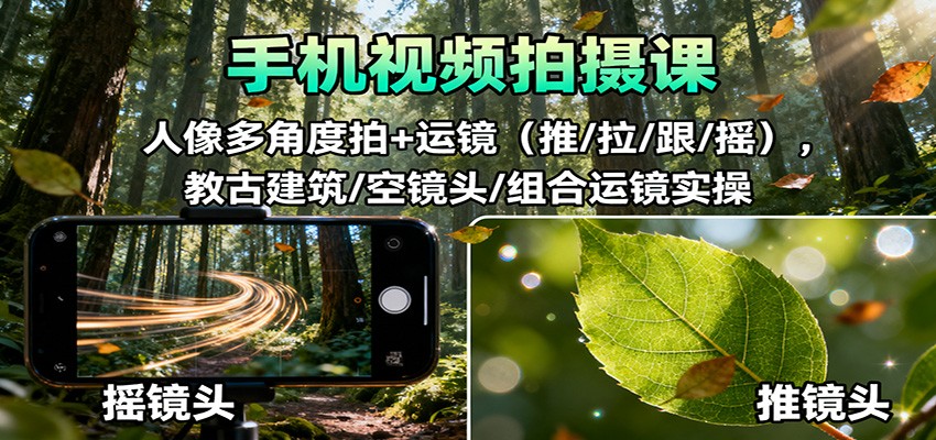 手机视频拍摄课：人像多角度拍+运镜(推/拉/跟/摇)，古建筑/空镜头/组合运镜实操网创项目-知识付费-在线课程-自媒体创业-网络副业-优利资源优利资源网