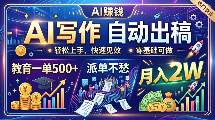 AI写作自动出稿，教育一单500+，派单不愁，月入2W网创项目-知识付费-在线课程-自媒体创业-网络副业-优利资源优利资源网