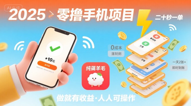 2025年零撸手机项目，二十秒一单，纯薅羊毛 一天2张+做就有网创项目-知识付费-在线课程-自媒体创业-网络副业-优利资源优利资源网