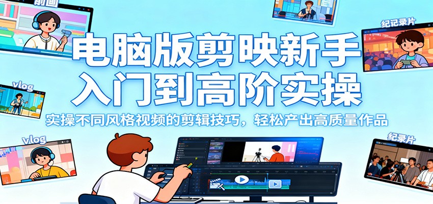 电脑版剪映新手入门到高阶实操，实操不同风格视频的剪辑技巧，轻松产出高质量作品网创项目-知识付费-在线课程-自媒体创业-网络副业-优利资源优利资源网