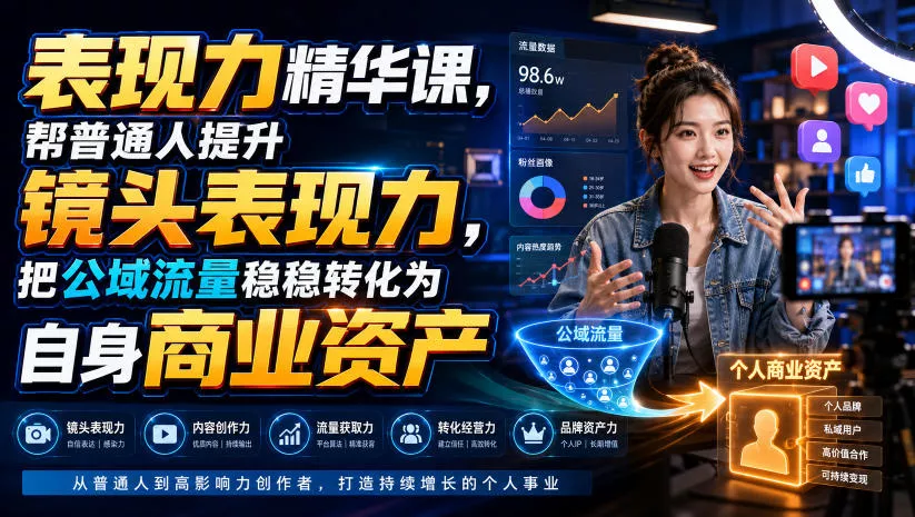 表现力精华课，帮普通人提升镜头表现力，把公域流量稳稳转化为自身商业资产网创项目-知识付费-在线课程-自媒体创业-网络副业-优利资源优利资源网
