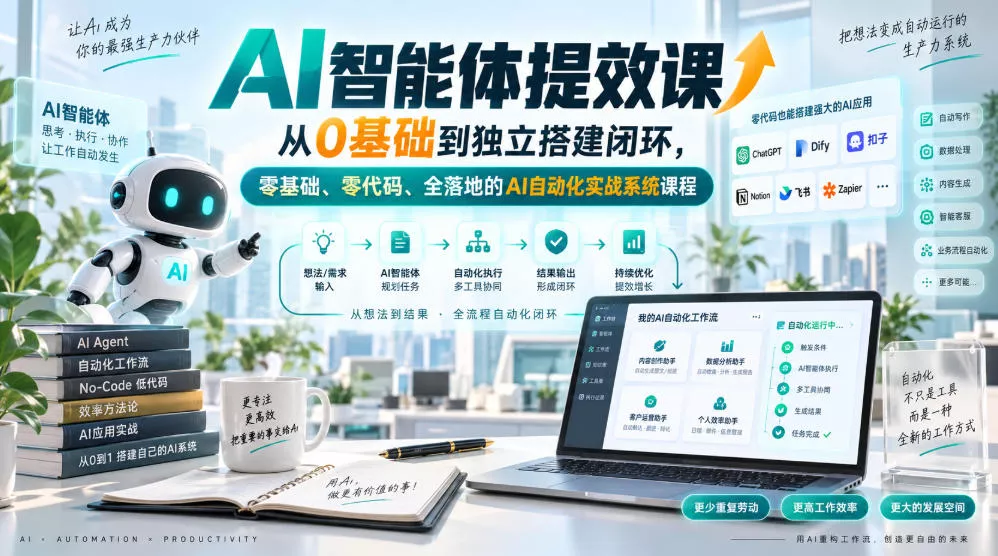 AI智能体提效课，从0基础到独立搭建闭环，零基础、零代码、全落地的AI自动化实战系统课程网创项目-知识付费-在线课程-自媒体创业-网络副业-优利资源优利资源网