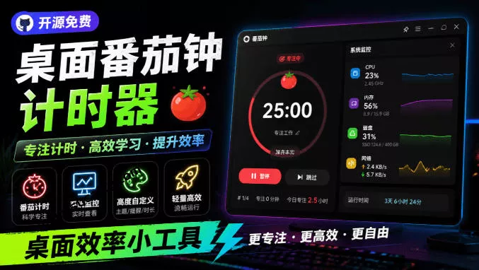 仅1.16MB，开源极简的桌面时钟、番茄钟计时器，还支持系统监控显示，桌面效率小工具Catime网创项目-知识付费-在线课程-自媒体创业-网络副业-优利资源优利资源网