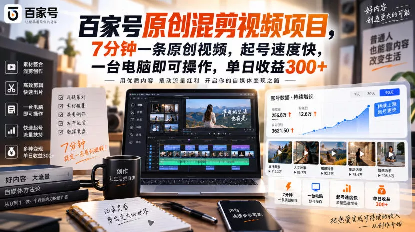 百家号原创混剪视频项目，7分钟一条原创视频，起号速度快，一台电脑即可操作，单日收益300+网创项目-知识付费-在线课程-自媒体创业-网络副业-优利资源优利资源网
