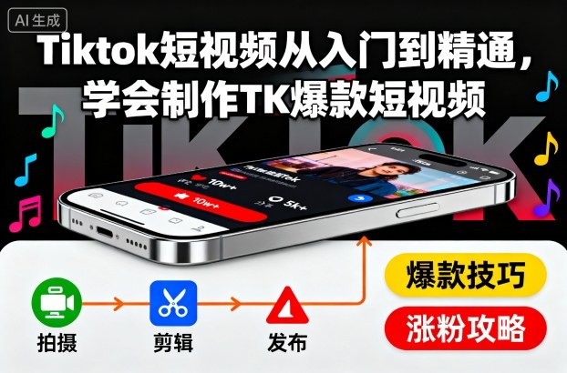 Tiktok短视频从入门到精通，学会制作TK爆款短视频网创项目-知识付费-在线课程-自媒体创业-网络副业-优利资源优利资源网
