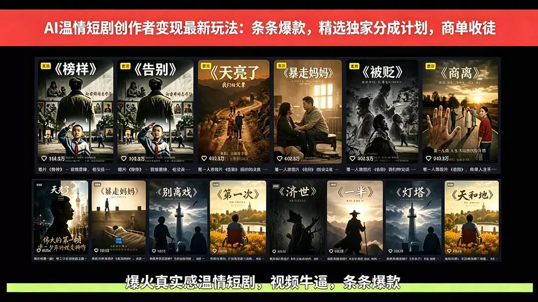 AI温情短剧创作者变现最新玩法：视频牛逼，条条爆款，精选独家分成计划，商单收徒网创项目-知识付费-在线课程-自媒体创业-网络副业-优利资源优利资源网