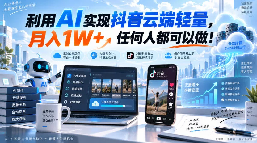 利用AI实现抖音云端轻量，月入1W+，任何人都可以做！【揭秘】网创项目-知识付费-在线课程-自媒体创业-网络副业-优利资源优利资源网