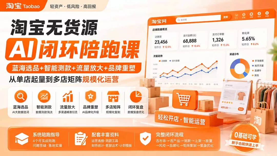 淘宝无货源AI闭环陪跑课：蓝海选品+智能测款+流量放大+品牌重塑，从单店起量到多店矩阵规模化运营网创项目-知识付费-在线课程-自媒体创业-网络副业-优利资源优利资源网