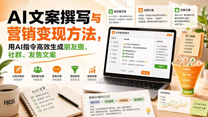 AI文案撰写与营销变现方法，用AI指令高效生成朋友圈、社群、发售文案网创项目-知识付费-在线课程-自媒体创业-网络副业-优利资源优利资源网
