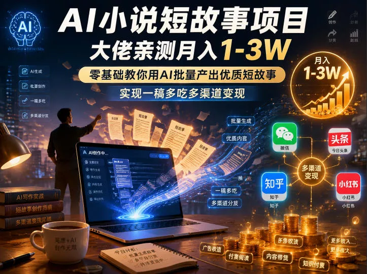 AI小说短故事项目，大佬亲测月入1-3W，零基础教你用AI批量产出优质短故事，实现一稿多吃多渠道变现(更新0624)网创项目-知识付费-在线课程-自媒体创业-网络副业-优利资源优利资源网