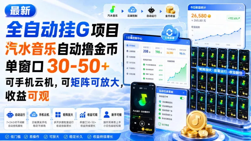 最新全自动挂G项目，汽水音乐自动撸金币单窗口30-50+，可手机云机，可矩阵可放大，收益可观网创项目-知识付费-在线课程-自媒体创业-网络副业-优利资源优利资源网