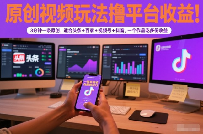 原创视频玩法撸平台收益，3分钟一条原创，适合头条+百家+视频号+抖音，一个作品吃多份收益网创项目-知识付费-在线课程-自媒体创业-网络副业-优利资源优利资源网