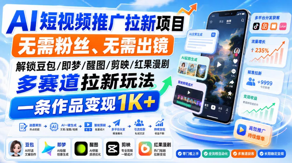 AI短视频推广拉新项目，无需粉丝、无需出镜，解锁豆包/即梦/醒图/剪映/红果漫剧多赛道拉新玩法，一条作品变现1K+网创项目-知识付费-在线课程-自媒体创业-网络副业-优利资源优利资源网