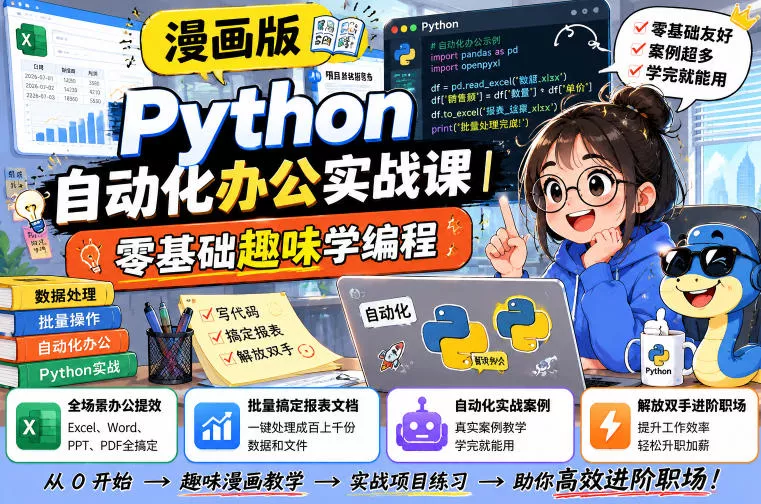 漫画版Python自动化办公实战课｜零基础趣味学编程，全场景办公提效、批量搞定报表文档、解放双手进阶职场网创项目-知识付费-在线课程-自媒体创业-网络副业-优利资源优利资源网