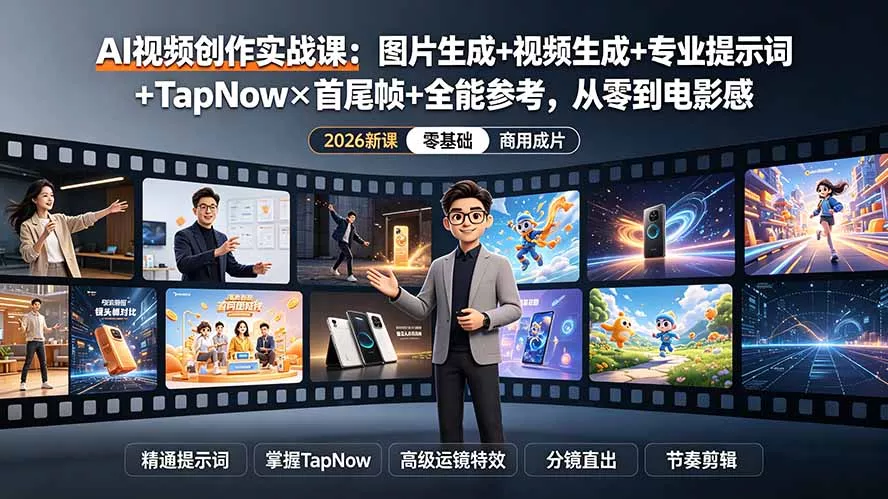 AI视频创作实战课：图片生成+视频生成+专业提示词+TapNow×首尾帧+全能参考，从零到电影感成片网创项目-知识付费-在线课程-自媒体创业-网络副业-优利资源优利资源网