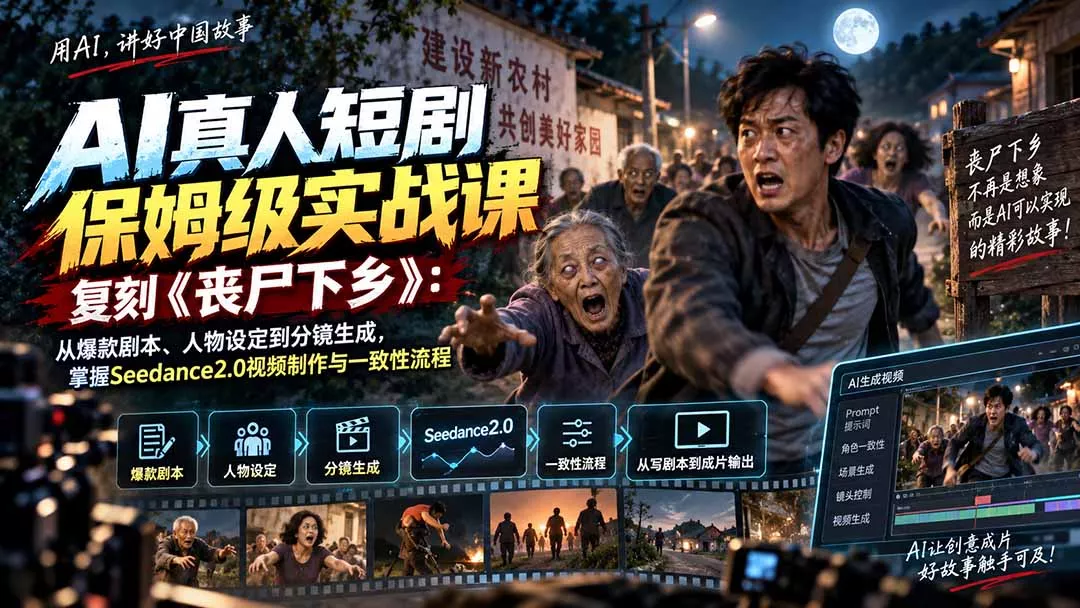 AI真人短剧保姆级实战课，复刻《丧尸下乡》：从爆款剧本、人物设定到分镜生成，掌握Seedance2.0视频制作与一致性流程网创项目-知识付费-在线课程-自媒体创业-网络副业-优利资源优利资源网