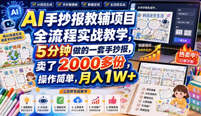 AI手抄报教辅项目全流程实战教学,5分钟做的一套手抄报,卖了2000多份,操作简单,月入1W+ AI手抄报教辅项目全流程实战教学,5分钟做的一套手抄报,卖了2000多份,操作简单,月入1W+