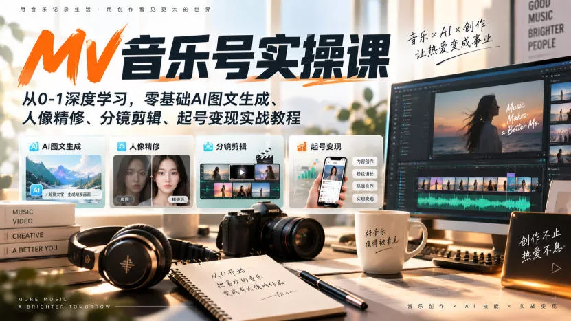 AI MV音乐号实操课，从0-1深度学习，零基础AI图文生成、人像精修、分镜剪辑、起号变现实战教程网创项目-知识付费-在线课程-自媒体创业-网络副业-优利资源优利资源网