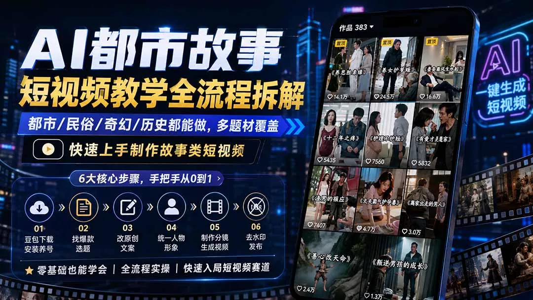 AI都市故事短视频教学全流程拆解；都市/民俗/奇幻/历史都能做多题材覆盖，快速上手制作故事类短视频网创项目-知识付费-在线课程-自媒体创业-网络副业-优利资源优利资源网