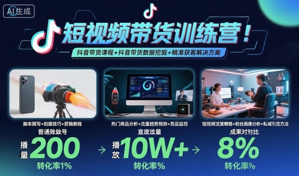 短视频带货训练营，抖音带货课程+抖音带货数据挖掘+精准获客解决方案网创项目-知识付费-在线课程-自媒体创业-网络副业-优利资源优利资源网