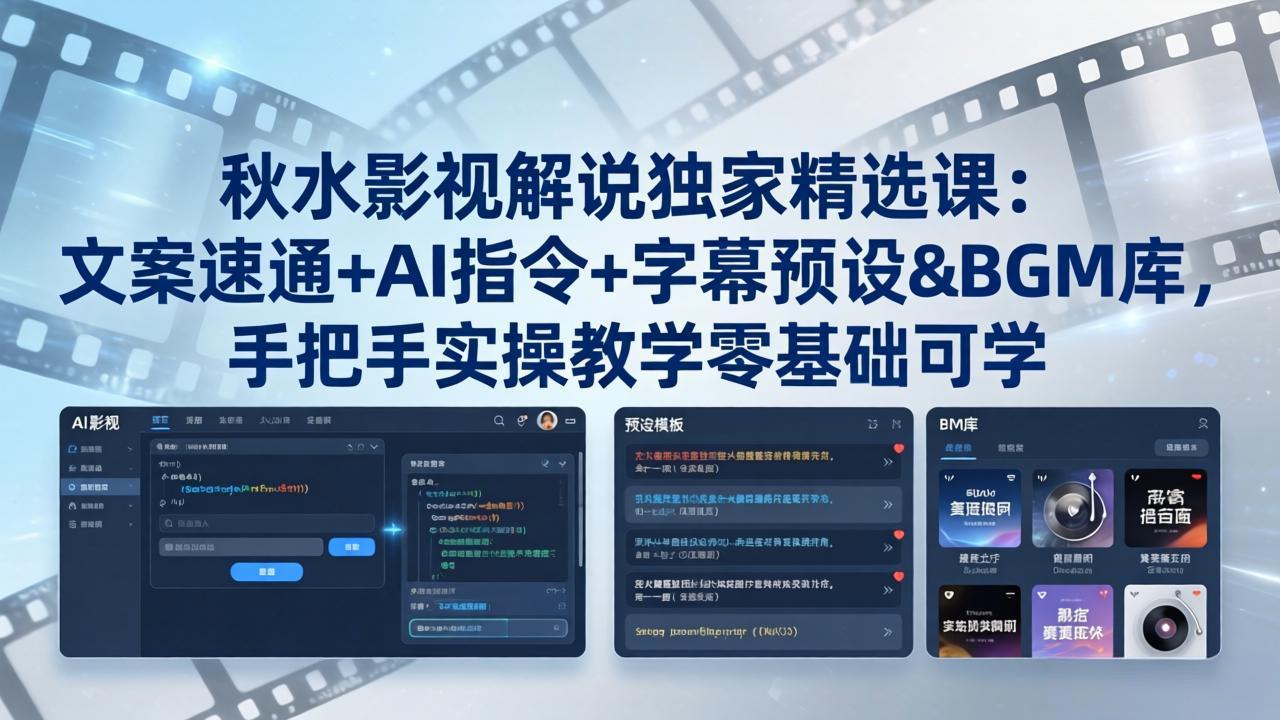 秋水影视解说独家精选课：文案速通+AI指令+字幕预设+BGM库，手把手实操教学零基础可学网创项目-知识付费-在线课程-自媒体创业-网络副业-优利资源优利资源网