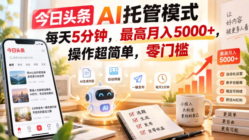 今日头条AI托管模式，每天5分钟，最高月入5000+，操作超简单，零门槛【揭秘】网创项目-知识付费-在线课程-自媒体创业-网络副业-优利资源优利资源网