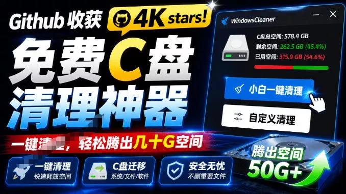 Github收获4K stars！免费C盘清理神器，轻松腾出几十G空间，支持C盘迁移Windows Cleaner网创项目-知识付费-在线课程-自媒体创业-网络副业-优利资源优利资源网