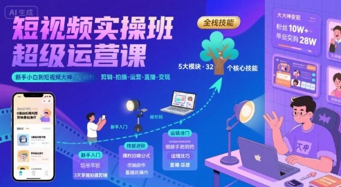 短视频实操班超级运营课，新手小白到短视频大神必修课程，剪辑-拍摄-运营-直播-变现网创项目-知识付费-在线课程-自媒体创业-网络副业-优利资源优利资源网