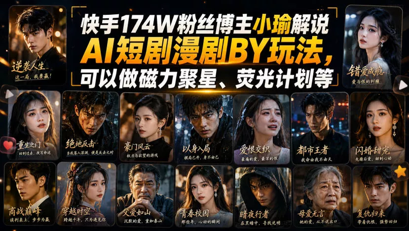 快手174W粉丝博主小瑜解说AI短剧漫剧搬运玩法，可以做磁力聚星、荧光计划等网创项目-知识付费-在线课程-自媒体创业-网络副业-优利资源优利资源网