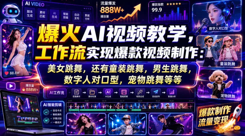 爆火AI视频教学，工作流实现爆款视频制作：美女跳舞，还有童装跳舞，男生跳舞，数字人对口型，宠物跳舞等等网创项目-知识付费-在线课程-自媒体创业-网络副业-优利资源优利资源网