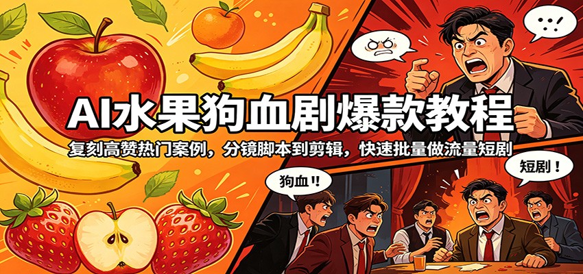 AI水果狗血剧爆款教程：复刻高赞热门案例，分镜脚本到剪辑，快速批量做流量短剧网创项目-知识付费-在线课程-自媒体创业-网络副业-优利资源优利资源网