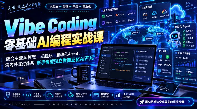 Vibe Coding零基础AI编程实战课-无水印，整合主流AI模型、云服务、自动化Agent、海内外支付体系，新手也能独立做商业化AI产品网创项目-知识付费-在线课程-自媒体创业-网络副业-优利资源优利资源网
