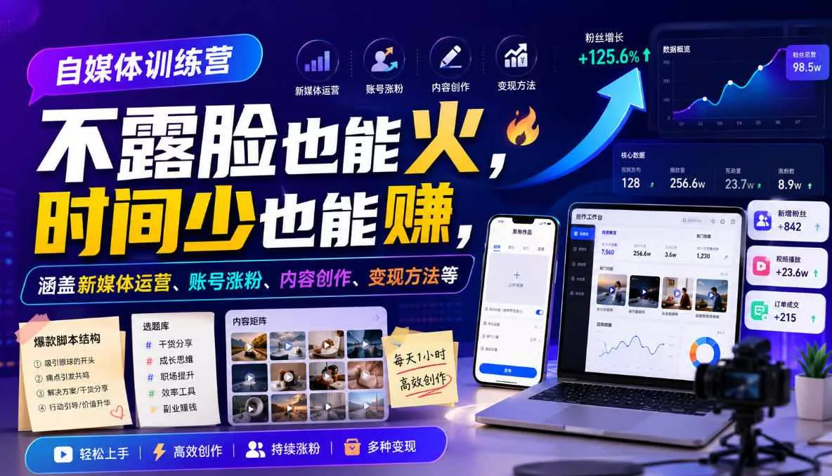 自媒体训练营，不露脸也能火，时间少也能賺，涵盖新媒体运营、账号涨粉、内容创作、变现方法等网创项目-知识付费-在线课程-自媒体创业-网络副业-优利资源优利资源网