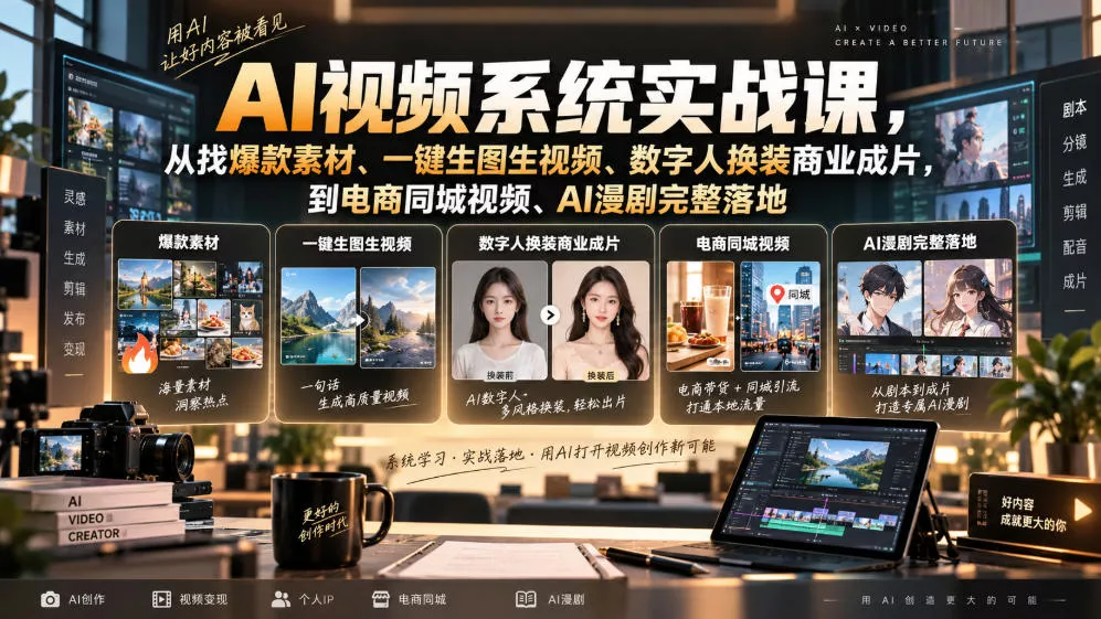 AI视频系统实战课，从找爆款素材、一键生图生视频、数字人换装商业成片，到电商同城视频、AI漫剧完整落地网创项目-知识付费-在线课程-自媒体创业-网络副业-优利资源优利资源网