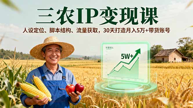 三农IP变现课，人设定位、脚本结构、流量获取，30天打造月入5万+带货账号网创项目-知识付费-在线课程-自媒体创业-网络副业-优利资源优利资源网