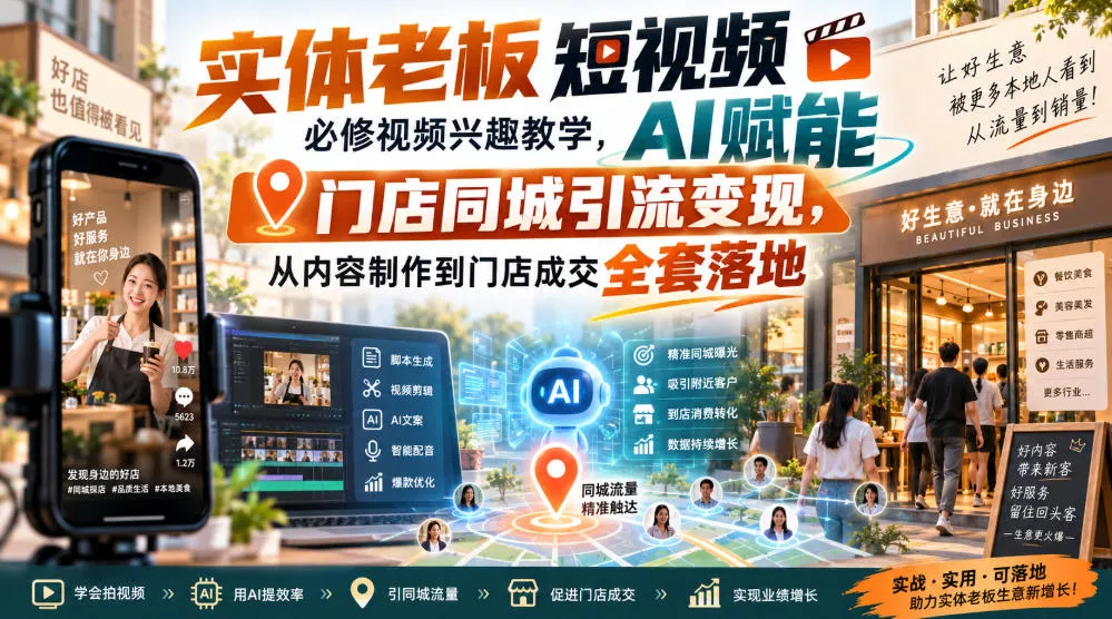 实体老板短视频必修视频兴趣教学，AI赋能门店同城引流变现，AI+短视频+直播打爆实体客流量网创项目-知识付费-在线课程-自媒体创业-网络副业-优利资源优利资源网