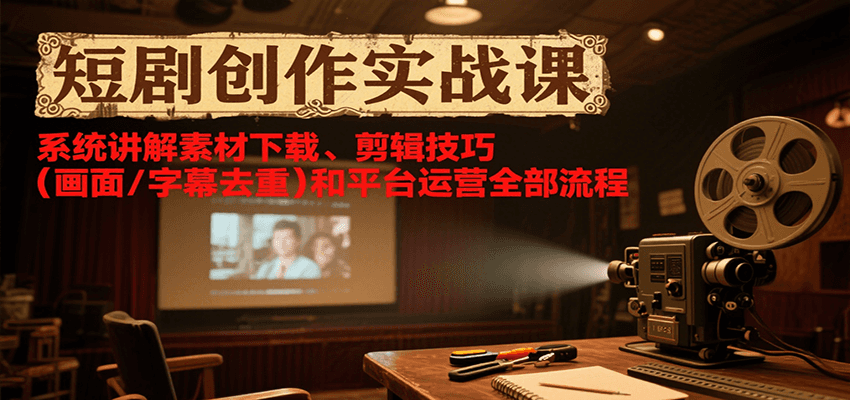 短剧创作实战课，系统讲解素材下载、剪辑技巧（画面/字幕去重）和平台运营全部流程网创项目-知识付费-在线课程-自媒体创业-网络副业-优利资源优利资源网