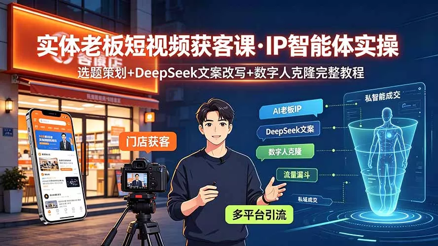 实体老板短视频获客课·IP智能体实操｜选题策划+DeepSeek文案改写+数字人克隆完整教程网创项目-知识付费-在线课程-自媒体创业-网络副业-优利资源优利资源网