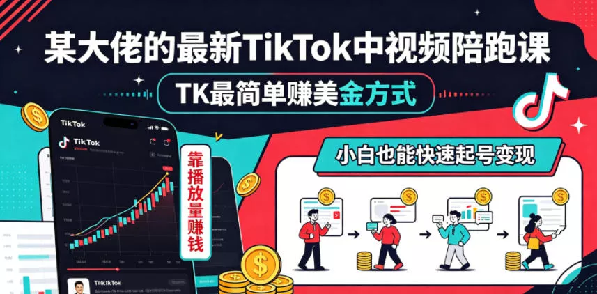 某大佬的最新TikTok中视频陪跑课，TK最简单賺美金方式，靠播放量賺钱，小白也能快速起号变现网创项目-知识付费-在线课程-自媒体创业-网络副业-优利资源优利资源网
