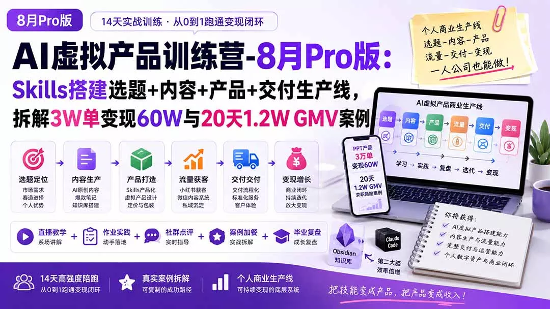 AI虚拟产品训练营-8月Pro版-更新：Skills搭建选题+内容+产品+交付生产线，拆解3W单变现60W与20天1.2W GMV案例网创项目-知识付费-在线课程-自媒体创业-网络副业-优利资源优利资源网