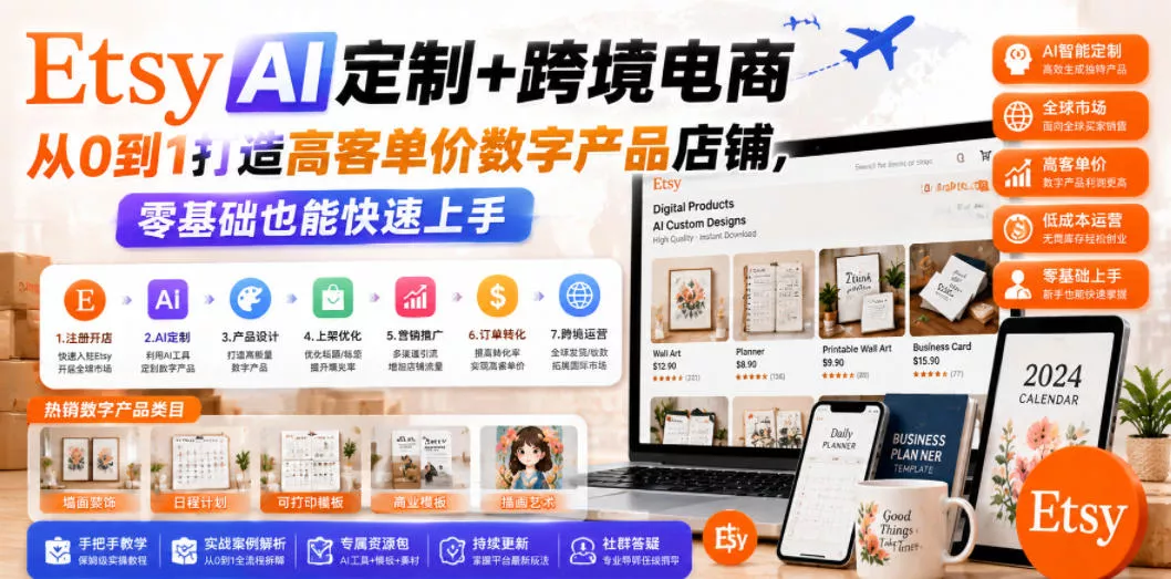 Etsy AI定制+跨境电商，从0到1打造高客单价数字产品店铺，零基础也能快速上手网创项目-知识付费-在线课程-自媒体创业-网络副业-优利资源优利资源网