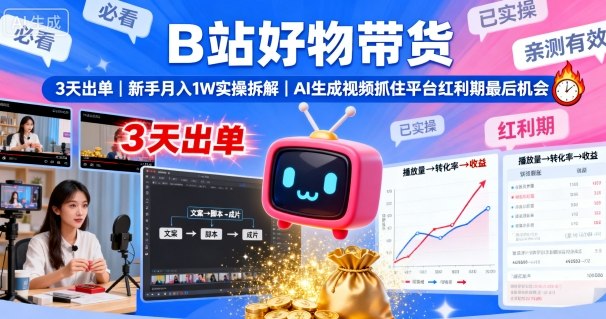 B站好物带货，3天出单，新手月入1W实操拆解，AI生成视频，抓住平台红利期最后机会网创项目-知识付费-在线课程-自媒体创业-网络副业-优利资源优利资源网