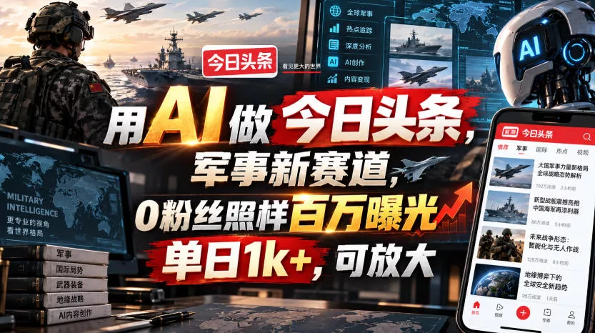 用AI做今日头条，军事新赛道，0粉丝照样百万曝光，单日1k+，可放大网创项目-知识付费-在线课程-自媒体创业-网络副业-优利资源优利资源网
