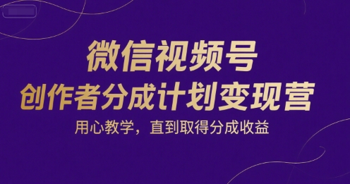微信视频号创作者分成计划变现营，用心教学，直到取得分成收益网创项目-知识付费-在线课程-自媒体创业-网络副业-优利资源优利资源网