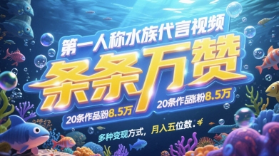 第一人称水族代言视频，条条万赞，20条作品涨粉7.8W，多种变现方式月入五位数网创项目-知识付费-在线课程-自媒体创业-网络副业-优利资源优利资源网
