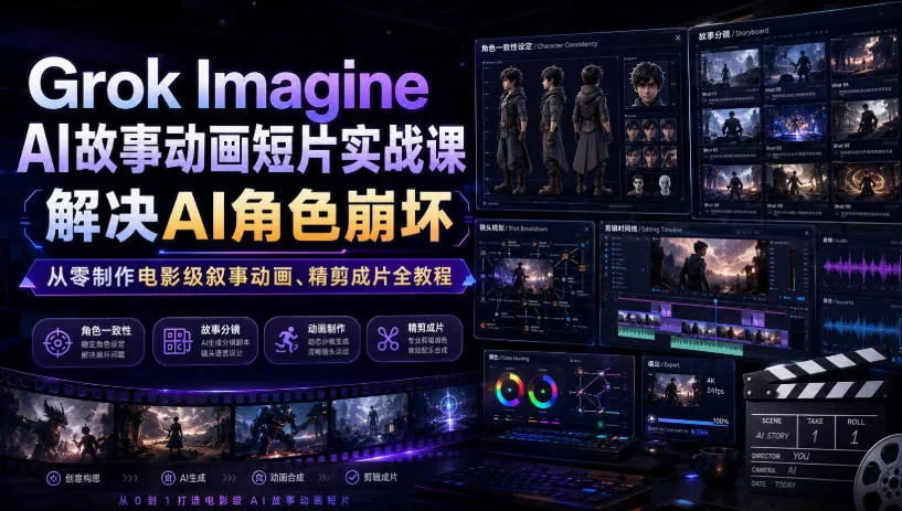 Grok Imagine AI故事动画短片实战课｜解决AI角色崩坏，从零制作电影级叙事动画、精剪成片全教程(中英字幕)网创项目-知识付费-在线课程-自媒体创业-网络副业-优利资源优利资源网