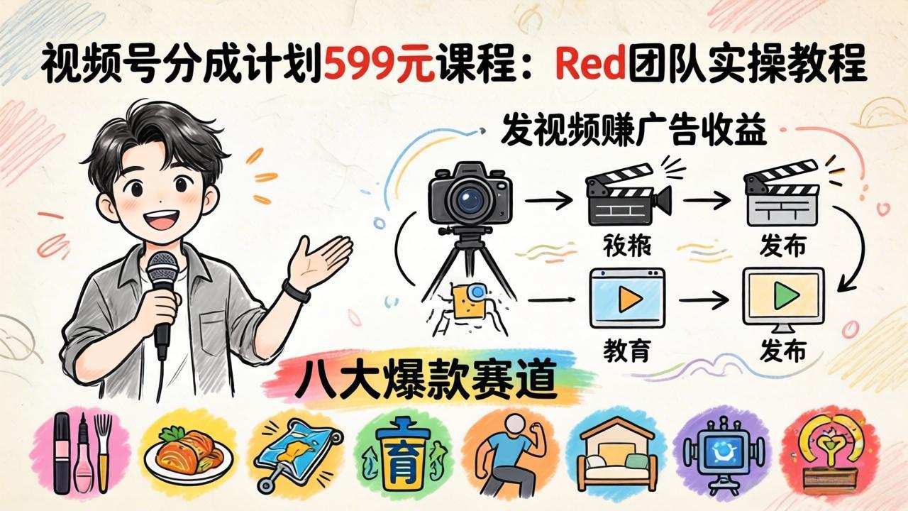 视频号分成计划599元课程：Red团队实操教程，发视频赚广告收益，八大爆款赛道全掌握网创项目-知识付费-在线课程-自媒体创业-网络副业-优利资源优利资源网
