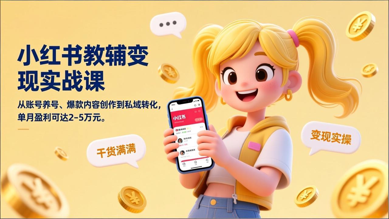 小红书教辅变现实战课，从账号养号、爆款内容创作到私域转化，单月盈利可达2-5万元网创项目-知识付费-在线课程-自媒体创业-网络副业-优利资源优利资源网
